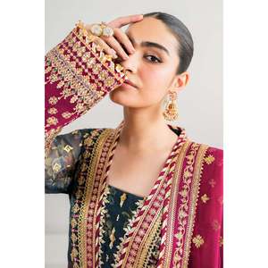 Women's <b>Green</b> Embroidered Chiffon 3-Piece Suit Set with Organza & <b>Silk</b> UF-689 - Product Image 5