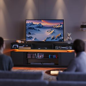 Mobile TV Moderno Nero a Due Livelli con Luci LED, Centro Intrattenimento Sospeso, Console Multimediale per <span class=keywords><strong>Soggiorno</strong></span> - Vendita all'Ingrosso - Product Image 1