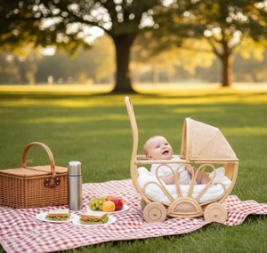 Poussette vintage en rotin tressé à la main pour poupée, chariot en rotin naturel avec auvent et roues en bois pour enfant, fabriqué au Vietnam - Product Image 5
