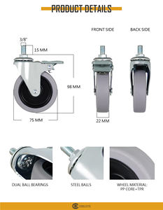 Roue pivotante à roulement à billes avec frein, tige filetée de 3 pouces (75 mm), 3/8 pouces, TPR, pour armoires, charge légère à moyenne - Product Image 3