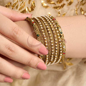 <b>Gold</b>-Toned Bangles Classic And Elegant Delicate White <b>Beads</b> Contrast To The Striking <b>Gold</b> Ground - Product Image 4