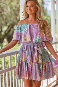 Meilleure collection de qualité supérieure Robe courte d'été imprimée à manches courtes et à épaules dénudées, longueur genou - Product Image 2