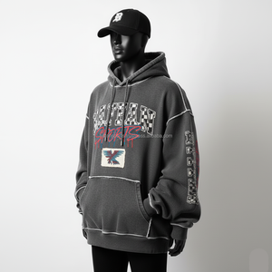 เสื้อมีฮู้ดผ้าฟลีซหนา400 GSM สำหรับผู้ชายทรงโอเวอร์ไซส์ผ้าถ่านมีฮู้ดปักโลโก้ได้ตามต้องการ - Product Image 4