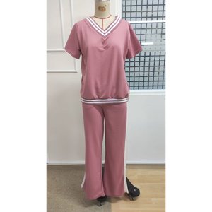 Ensemble deux pièces pour femme, chemisier à manches courtes et col en V en viscose à deux fils et pantalon, 35483 - Rose - Product Image 4