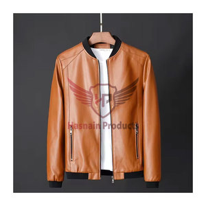 <b>Mens</b> Real Tan <b>Leather</b> Bomber <b>Jacket</b> Black Rib Collar Zip Side Pockets Sheepskin Camel Flight Coat Custom Brown Winter Outerwear - Product Image 2
