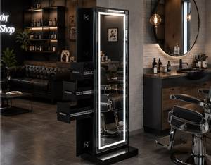 Estación de Trabajo de Barbería Moderna de Alta Gama con Doble Espejo, Marco Dorado y Lavabo de Madera con Almacenamiento |   Muebles de Salón Personalizados para Barbería - Product Image 5