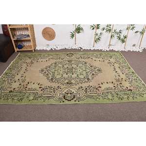 Tapis turc vintage 5.4 x 8.6ft vert beige laine Patchwork Design support en Latex pour la maison vivant chevet style rectangulaire-Tabriz - Product Image 1