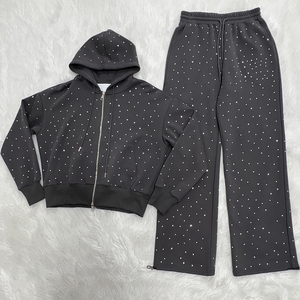 Custom Logo Rhinestone 2-Piece Clothing Set Long Sleeve Men's Jogger Tracksuit Hood Solid Drawstring Breathable 100% Cotton - Product Image 1