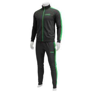 Ensemble de survêtement pour homme noir et vert, col roulé zippé, séchage rapide, design sportif avec logo imprimé, coupe classique, idéal pour l'automne - Product Image 1
