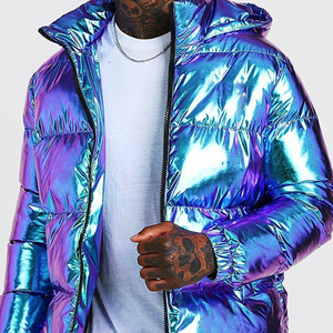 Chaquetas Acolchadas Reversibles Impermeables Reflectantes Holográficas con Capucha Unisex de Nueva Moda, Bolsillos con Ribete, Puños Elásticos, Poliéster - Product Image 6