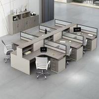 Poste de travail modulaire en L pour 6 personnes, avec cloison de bureau et armoire à tiroirs, idéal pour les bureaux ouverts et les postes informatiques.
