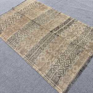 Turkish Vintage Rug 4.2x6.4 ft, Kilim <b>Brown</b> Check <b>Wool</b> Rug - Product Image 4