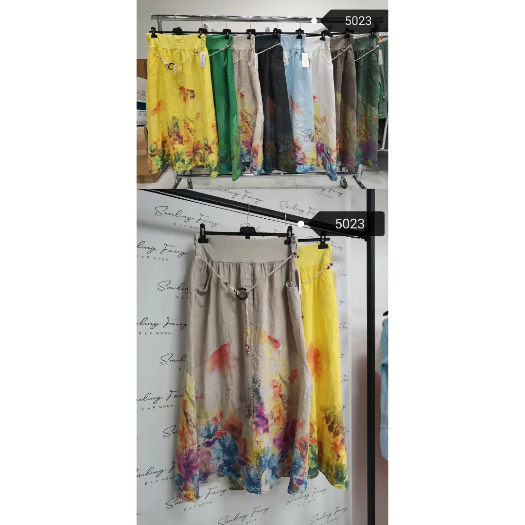 Falda de lino italiana con estampado floral de tinta colorida cómoda y simple para días de verano y primavera