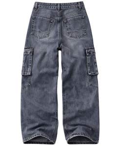 Pantalon cargo en jean gris foncé pour femme, coupe large, style streetwear, ample, multi-poches, vintage, délavé, tendance - Product Image 2