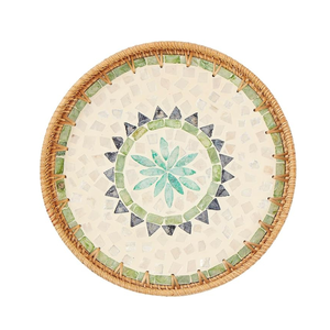 2024 nuevo diseño rústico redondo bandeja de madera para servir patrón de nácar con ratán y nácar para comida y desayuno - Product Image 1