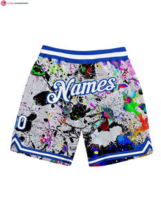 Authentique short de basket-ball personnalisé blanc-royal 3D motif graffiti fermeture à la taille élastique taille moyenne décontracté tricoté respirant - Product Image 1