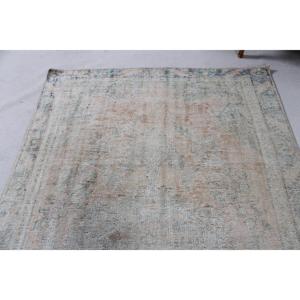 พรมตุรกีขนาดใหญ่ 5.4x9.4 ฟุต สีเทา-น้ำเงิน ลายปะติดแบบวินเทจ ทำจากขนสัตว์ - Product Image 5