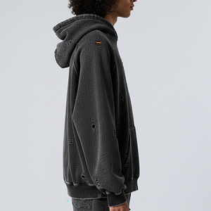 เสื้อฮู้ดดี้ผู้หญิงผ้าฝ้ายเฟรนช์เทอร์รี่ 100% คุณภาพสูง ผลิตตามสั่ง ล้างสีแบบแอซิด ระบายอากาศได้ดี สไตล์สตรีทแวร์ ขาดๆ แบบเท่ๆ - Product Image 5