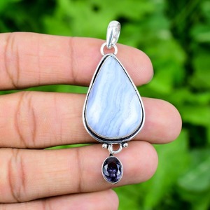 925 argent Sterling bleu dentelle Agate pierres précieuses pendentif bijoux à la main en argent Boho Style pendentif bijoux pour femmes cadeau de mariage - Product Image 4