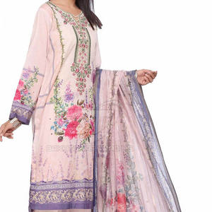 Robe en coton/polyester, pantalon uni, chemise, dupatta imprimé, tenue décontractée, tenue pakistanaise en 3 pièces - Product Image 5