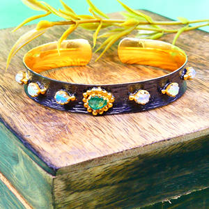 Emrald Opal Precious Pulsera Traditional Line Texture Style 925 Sterling Silver Gemstones Classic Women Wear Cuff <b>Bangles</b> - Product Image 3