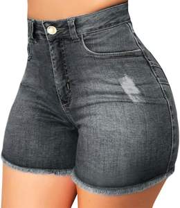 Shorts en jean vintage taille haute slim pour femmes, respirants, séchage rapide, écologiques, délavés foncés, effet usé, prix de gros - Product Image 4
