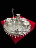Plateau de prière en argent allemand spirituel, ensemble de thali dans un coffret cadeau en velours pour l'inauguration de la maison, Diwali Inde, cadeaux de mariage en gros