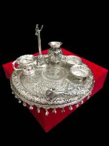 Juego de bandejas Thali de plata alemana espiritual para Pooja, en caja de regalo de terciopelo, para inauguración de casa, Diwali, India, regalos de boda al por mayor - Product Image 3