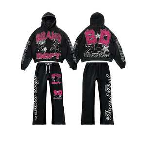 Trendy Design Custom Washed Tracksuit Distressed Embroidery French Terry <b>Drop</b> Shoulder Cotton Made Boxy Tracksuit - Product Image 4