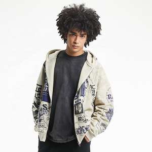 Personnalisable Vintage All-Over Print Hommes Sweat 100% Coton Hiver Beige Polaire À Capuche avec Fermeture Éclair Bidirectionnelle Style Coréen - Product Image 2