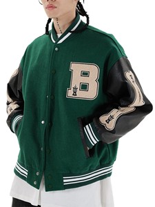 Manteaux streetwear décontractés unisexe à col montant veste universitaire en laine et cuir avec patch en toile anthracite/noir pour hommes femmes - Product Image 6