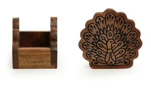 Posavasos tallados a mano The Dancing Peacock con soporte en madera de sheesham Juego de 4 posavasos de madera para bebidas Posavasos absorbentes para bebidas - Product Image 5