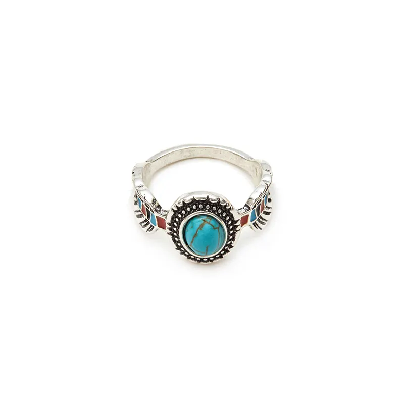 Antique Silver Turquesa Stone e Esmalte Anel Boho Gemstone Ring Moda Costume Jewelry Ring Presentes para As Mulheres
