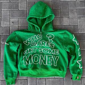 Y2K Trendy Custom Rhinestone Hoodie Unisex Fleece French Terry Acid Wash Distressed Zip up Hoodie Manufacturers Custom logo - Product Image 4