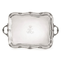 Plateau de service rectangulaire en argent de style antique en gros avec bordure ornée en relief et deux poignées pour hôtel et salle à manger à domicile
