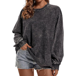 À la mode plaine col rond couture extérieure Vintage lavage à l'acide 380g femmes de haute qualité épaules tombantes sweats - Product Image 2