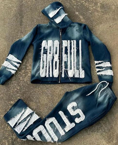 Personalizado apliques bordados Patchwork Logo Jogging 2 piezas conjunto desgastado sudaderas con capucha chándal en blanco diseñador chándales para hombres - Product Image 2