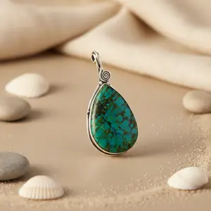 Colgante de Plata 925 con Turquesa en Forma de Lágrima con Acabado en Oro Rosa y Baño de Rodio, Amuleto Religioso para Mujer - Product Image 2