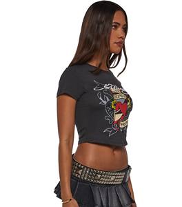 Camiseta corta transpirable de LICRA y algodón ajustada para mujer, respetuosa con el medio ambiente, de alta calidad, con estampado de logotipo personalizado, estilo de calle - Product Image 3