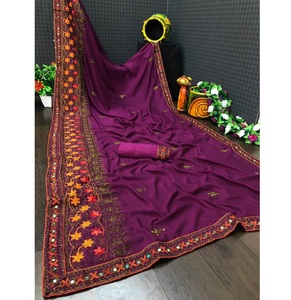 Multi Color indio Bollywood diseñador bordado impreso seda Sari último exclusivo Sari nupcial fiesta desgaste última moda étnica - Product Image 1