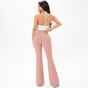 Pantalon évasé à la mode pour femmes taille personnalisée couleur unie bas en soie taille basse Stretch cordon fermeture toile Logo décoration - Product Image 6