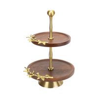 Plateau à dessert de luxe à 2 niveaux avec accents en métal doré, support de service en bois au design de feuille pour mariages et décoration intérieure