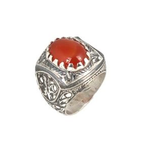 925 Sterling <b>Silver</b> Men's Ring with Orange Oval Agate Gemstone <b>Pen</b>-Style Bezel Setting Everyday Wear Fine Jewelry - Product Image 1
