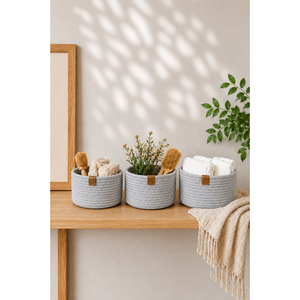 Three-Piece Woven Basket Set in Grey Rattan Plastic Fabric with Metal PP for Storage for Bathroom Kitchen Bedding Food Bag Tools - Product Image 1