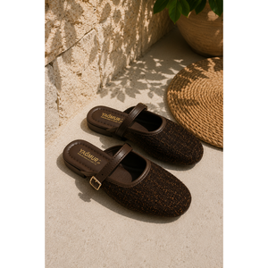 <b>Fluffy</b> Tweed Textured Buckle for <b>Slippers</b> Brown Indoor Outdoor House Fashion Style PVC Insole Genuine Leather for Summer Winter - Product Image 1