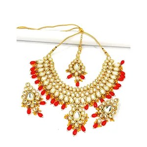 Ensemble de collier Meenakari de luxe plaqué or 18 carats, rouge, non taillé, Dibbi Kundan, pour mariage, occasions inspirées du vintage, bijoux de mariée - Product Image 1