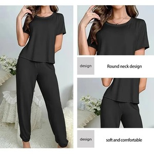 Ensemble 2 pièces haut rond et pantalon long confortable de couleur unie pour femmes ensemble pyjama pour femmes à la maison pour hommes - Product Image 6