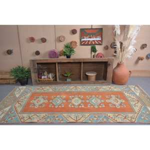 Vintage Turkish <b>Rug</b> <b>Traditional</b> Orange Blue Patchwork Design Wool Latex Rectangular <b>Living</b> <b>Room</b> Carpet 9x12 Hallway Carpet - Product Image 1