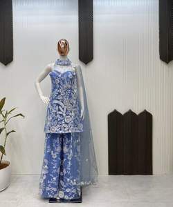 FILET DE BRODERIE DESIGNER TOP DE TRAVAIL PALAZZO AVEC DUPATTA PARTY WEAR PRIX DE GROS VÊTEMENT ETHNIQUE BLEU INDIEN PAKISTANI - Product Image 4