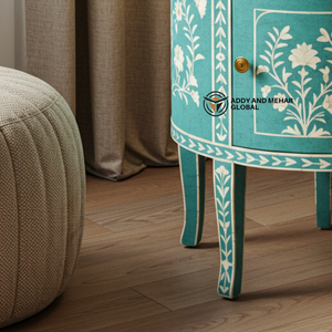 Mesita de Noche Redonda Azul de Lujo Ecológica con Incrustaciones de Hueso y Diseño Floral, Tres Cajones para Decoración de Dormitorio Moderno, Exportación - Product Image 2